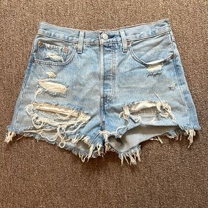 501 Light Wash Distressed High Rise Cutoff Denim Shorts